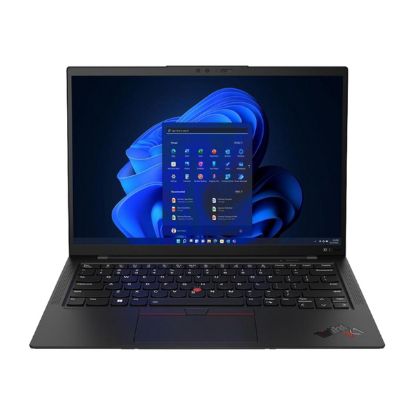 Laptop with a blue abstract design on the screen on a white background