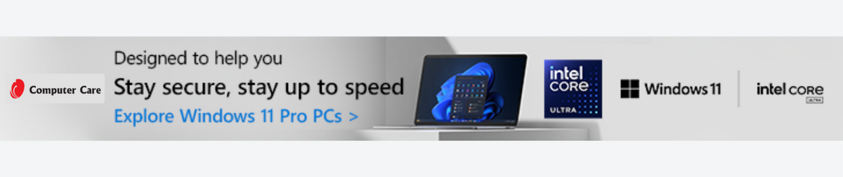 Advertisement for Windows 11 Pro PCs with Intel branding on a gray background