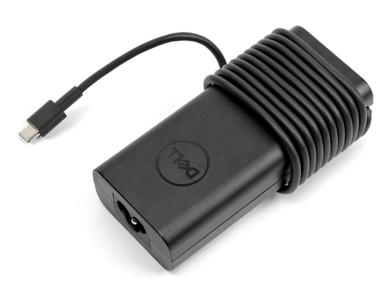 Black power adapter with USB-C connector on a white background