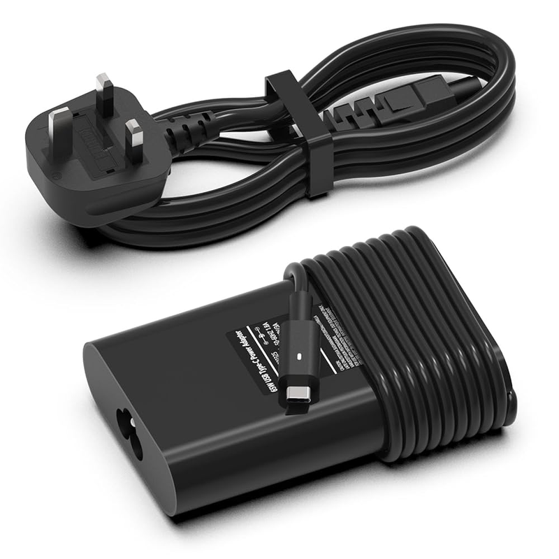 Black power adapter with UK plug on a white background