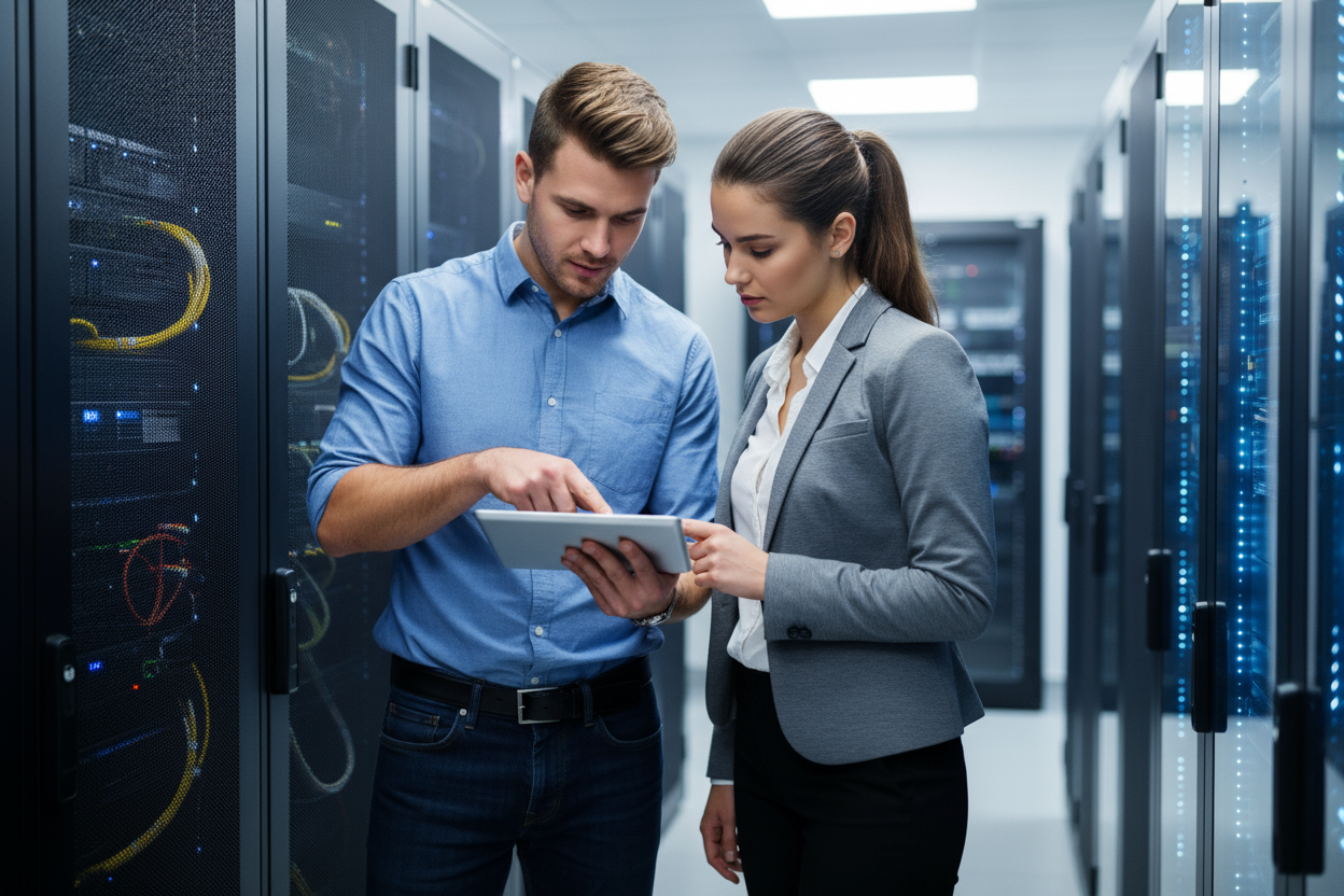 Shot of two young technicians using a digital tablet while working in a server room stock photo