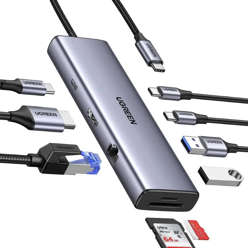 UGREEN USB hub with multiple cables and connectors on a white background